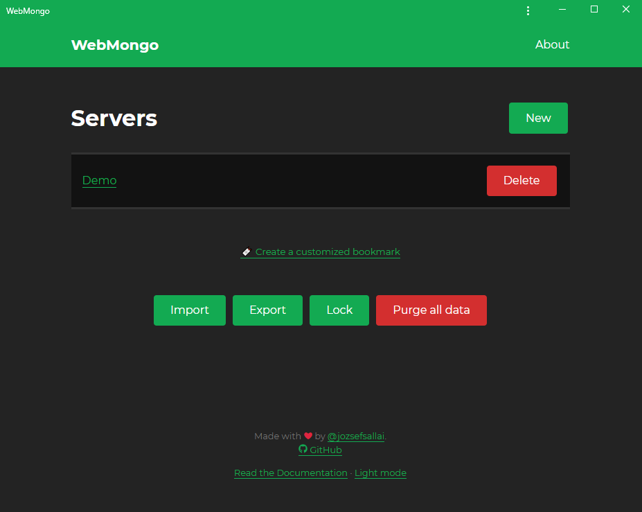 WebMongo homepage with servers